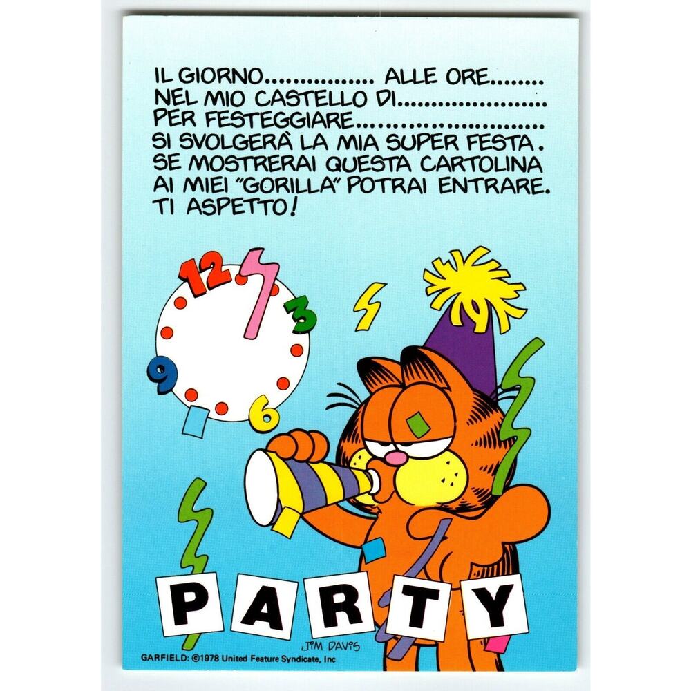 Garfield Italy Postcard Party Invite Orange Tabby Cat Celebration Jim Davis 1978